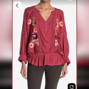 Free People Red Ruffled Peplum Blouse 3/4 Sleeve